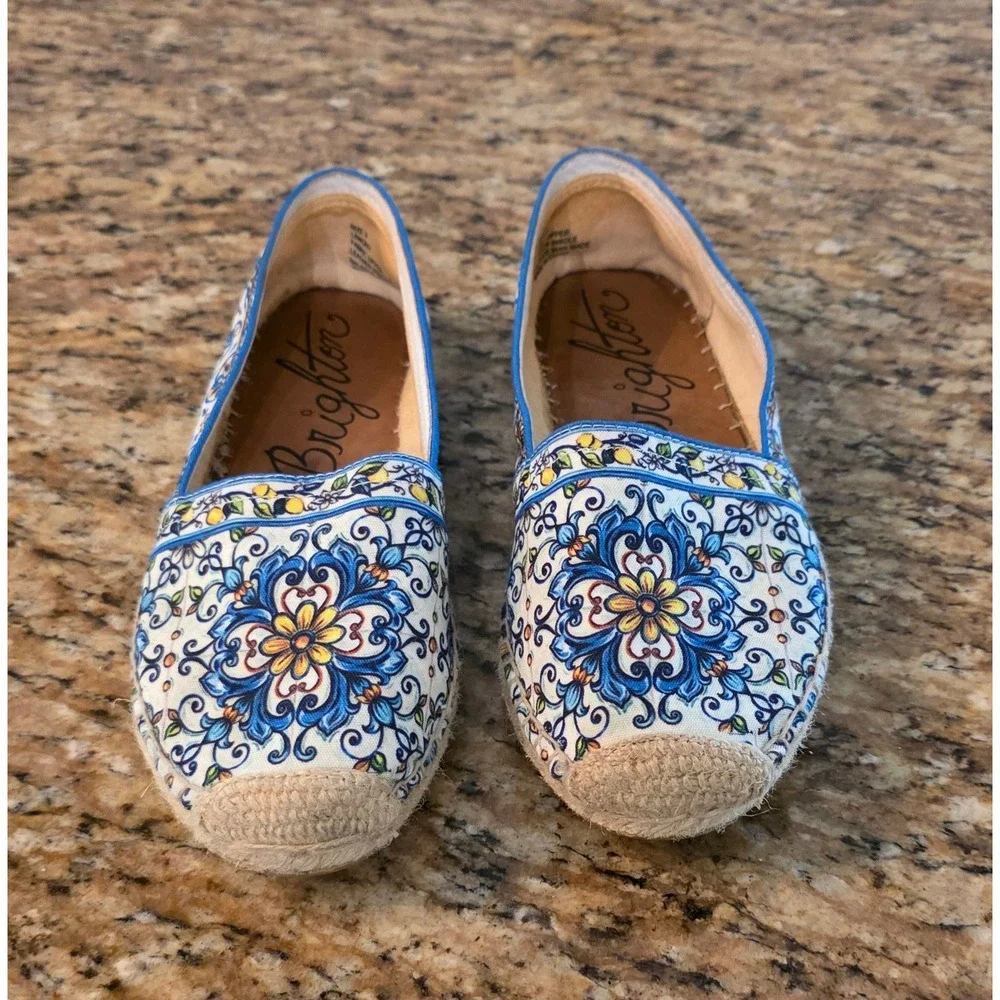 Brighton Lemony Blue Yellow Floral Tile Print Espadrille Flats Shoes Womens 9